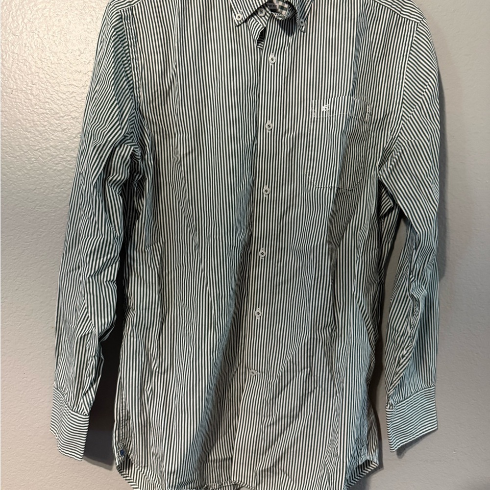 Men's Button-Down Stripe Shirt - Dark Green & White- Classic Fit